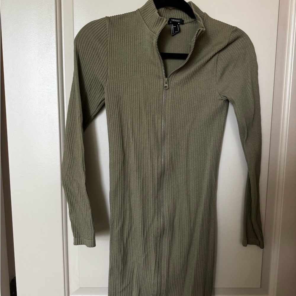 Olive Green Ribbed Zip-Up Dress